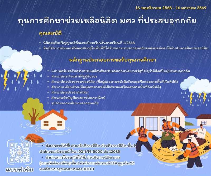 เปิดรับสมัครทุนการศึกษาช่วยเหลือนิสิตผู้ประสบอุทกภัย (เฟส3)