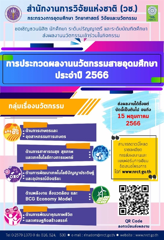 ประกวดผลงานนวัตกรรมสายอุดมศึกษา ประจำปี 2566 ในระหว่างงาน “มหกรรมงานวิจัยแห่งชาติ 2566 (Thailand Research Expo 2023)”