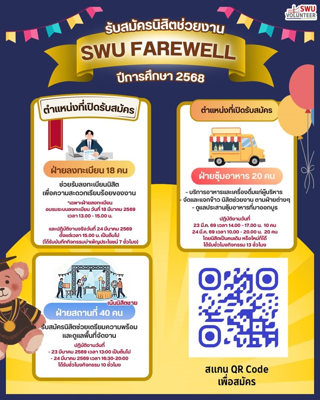 เปิดรับสมัครนิสิตจิตอาสา ร่วมเป็นส่วนหนึ่งของงาน SWU Farewell ปีการศึกษา 2568