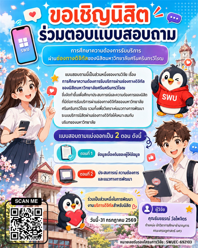 เชิญชวนนิสิตตอบแบบสอบถามงานวิจัย เรื่อง “การศึกษาความต้องการรับบริการทางช่องทางดิจิทัลของนิสิตมหาวิทยาลัยศรีนครินทรวิโรฒ”